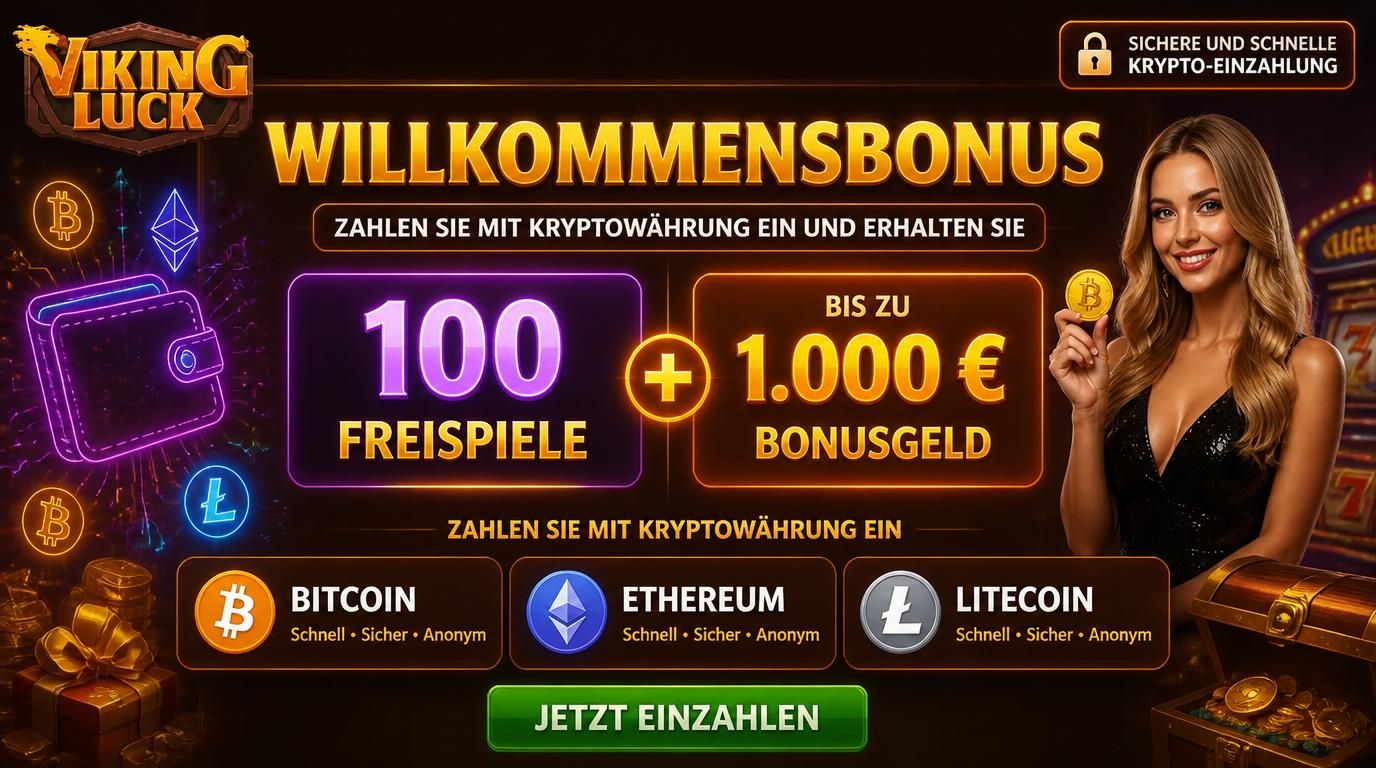 Willkommensbonus mit Krypto, Bonusgeld und Freispielen prominent dargestellt
